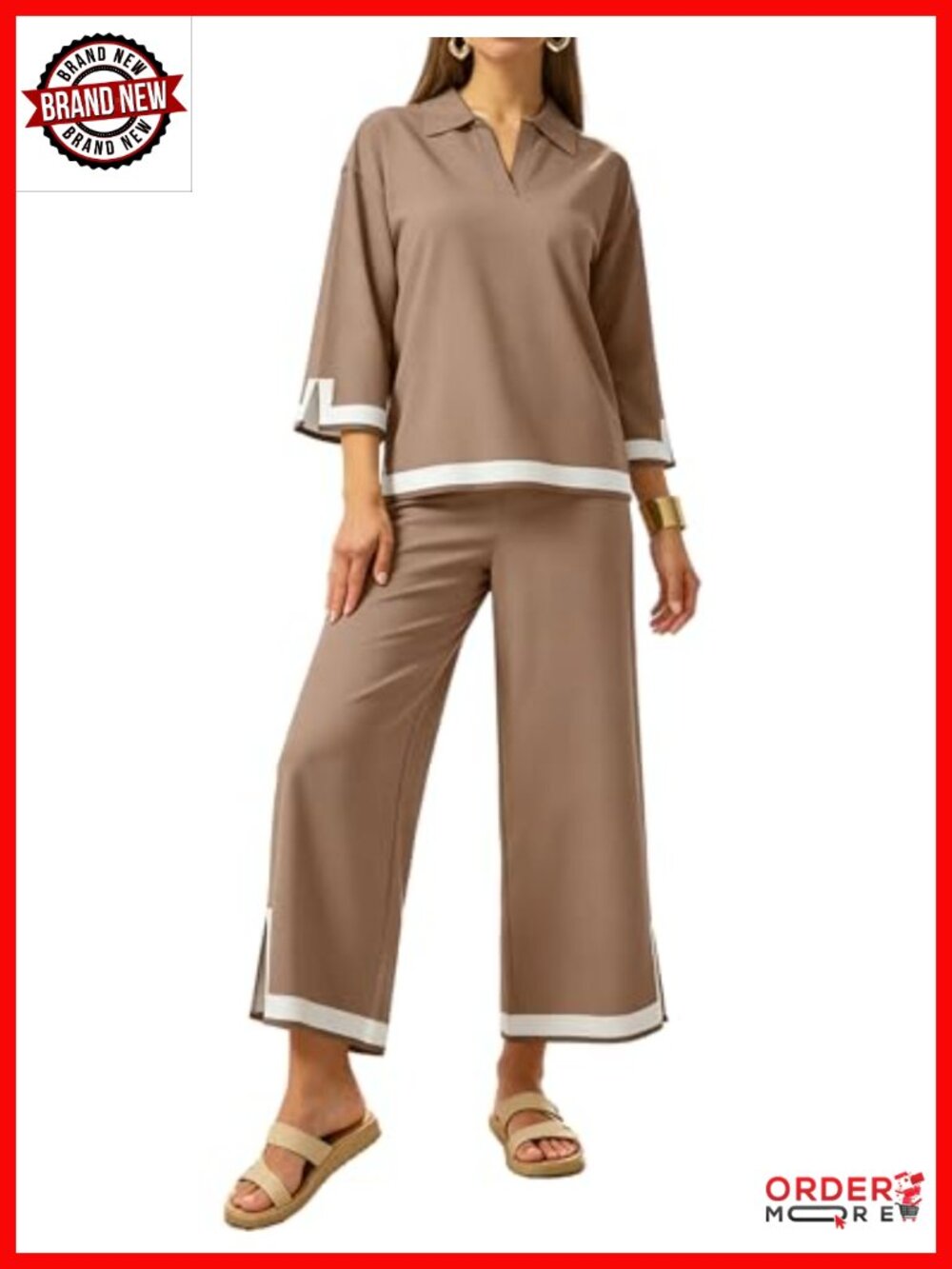 Women's 2 Piece Sweater Lounge Set 3/4 Sleeve Knit Top & Wide Leg Crop Pants